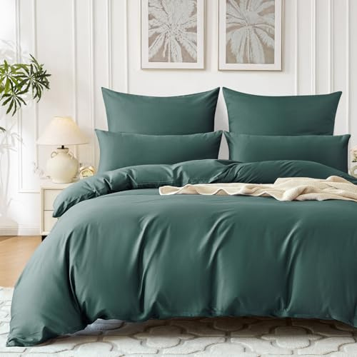 SOULFUL Satin Bettwäsche 200x200 Baumwolle Kühlend, Oeko-Tex, Dunkelgrün | 100% Langstapelige Baumwolle Seidig Kühlend Bettwäsche-Set mit Reißverschluss, 1 Bettbezug 200x200 & 2 Kissenbezug 80x80
