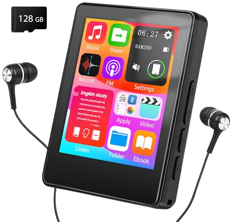 Taichaeu 128GB MP3 Player with Bluetooth - Music Player with Speaker, 2.4 in Full Touch Screen, FM Radio, Recorder, HiFi Sound, One-Tap Mute Key, Supports Expansion Up to 512GB, Wired Headset Included
