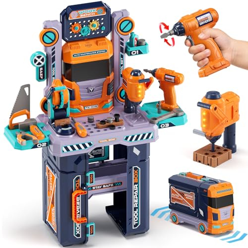 Lehoo Castle Banco Herramientas Juguete 83cm Tamaño Grande, Camión Transformable con Taladro Eléctrico Realista Luces y Sonidos, Herramientas Juguete Educativo, Regalo para Niños Niñas 3 4 5 Años