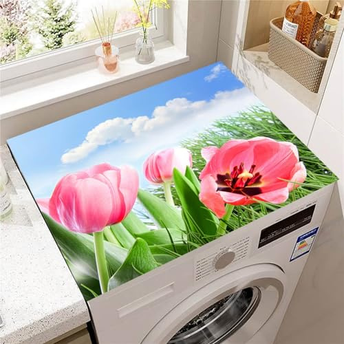 FANSU Waschmaschinenauflage Saugfähig, Waschmaschinenabdeckung Rutschfest Schnelltrocknend Waschmaschinen Auflage 3D Tulpenblüte Waschmaschinen und Trockner Auflage (Gras,50x60cm)