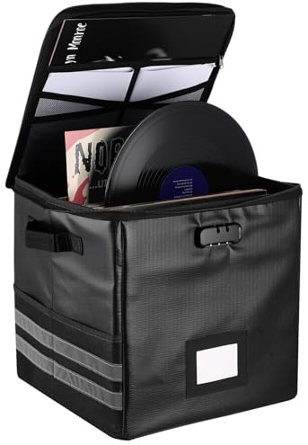 Calolin Fireproof Vinyl Record Storage Box with Password Lock, 13 in Collapsible Record Organizer, Waterproof Storage Case for CD, Magazines, Books & Valuables