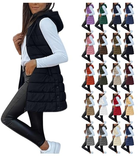 EMATOP Weste Damen Lang Warm Steppweste Winter Ärmellose Jacke mit Kapuze Longweste Elegant Baumwolle Daunenweste Leichte Sport Wintermantel Einfarbig Mode Steppmantel Bequem Daunenmantel
