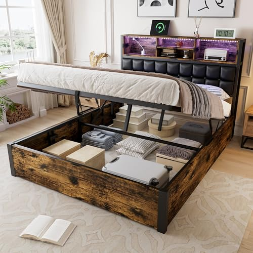 Miyemo Double Bed Frame with Storage, 4ft6 Ottoman Double Bed Frame with Charging-Station, Metal Bed, Headboard Features a Soft Backrest & Storage Compartments, 135×190cm, Black + Wood, (No Mattress)