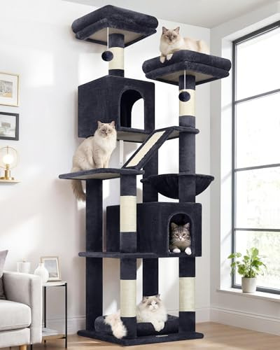 Globlazer Árbol Rascador para Gatos XXL Alto 189 cm con 2 Nidos, 2 Perchas Acolchadas, Tabla Rascar Sisal, Cesta, Camas Desmontable, Estable Árboles para Gatos Descansar Jugar (F74D, Gris Oscuro)