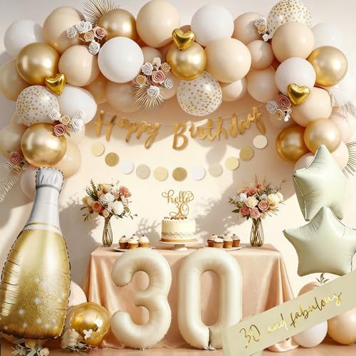 30 Geburtstag Deko Frauen Männer, Geburtstagsdeko 30, Beige Gold Ballon Deko mit Happy Birthday Girlande, Deko 30. Geburtstag Luftballons für 30. Geburtstag Dekorationen