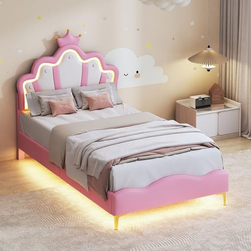 Kinderbett 90x200 cm, Rosa Polsterbett, Prinzessinnenbett, Jugendbett, Mädchen Bett, Einzelbett mit LED-Beleuchtung, Lattenrost und Krone Kopfteil, weiche Polsterung aus PU-Leder für Kinder, Jugend