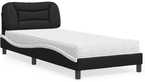 Kaloriko Hvar säng med madrass, svart-vit, 90 x 190 cm, konstläder, vågdesign, komfortskummadrass, sovrumsmöbler