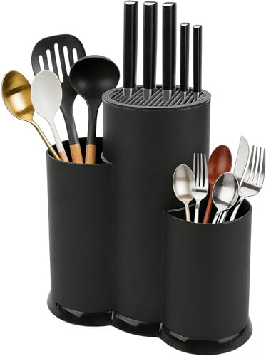 3-in-1 Utensil Holder, Knife Holder with Slots, Cutlery Holders, Black Kitchen Accessories for Organising Spoon Fork Chopsticks Knives