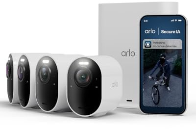 Arlo Ultra 3 Caméra de Surveillance WiFi Extérieure sans Fil 4K UHD, Détection IA, Vision Nocturne Couleur, Audio bidirectionnel, Compatible avec Alexa, Essai Secure Inclus, 4 Caméras + Smarthub