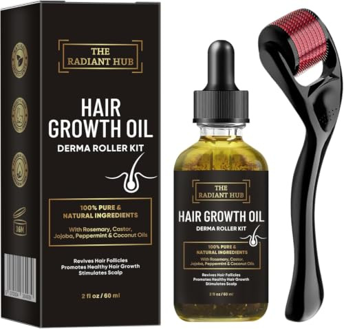 Rosemary Oil for Hair Growth & Derma Roller Kit - Castor, Jojoba, Peppermint & Coconut Oils for Thicker Stronger Hair, Stimulates Scalp & Revives Follicles - For Men & Women - 60 ml