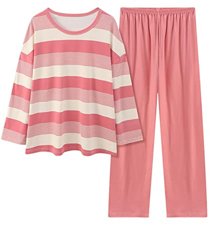Nattkläder, damset, lång, bekväm hemmadräkt, 2 delar, stora storlekar | Tvådelade nattkläder med randiga pyjamasöverdel och enfärgade pyjamasbyxor, mode, hemmakläder, ledig vardagsklädsel