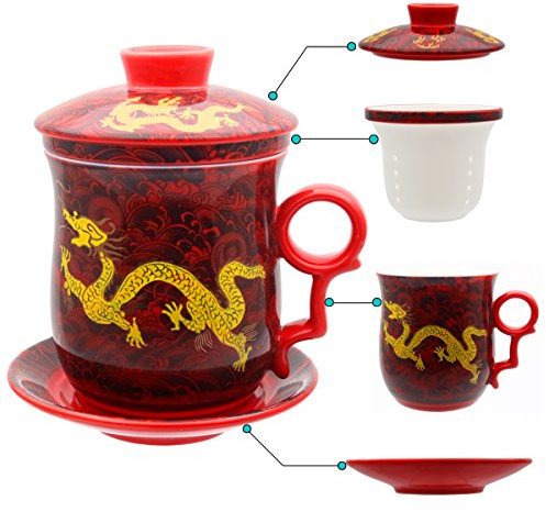 HOLLIHI Porzellan Teetasse mit Deckel und Untertasse-Ei Sets - Chinesischer Jingdezhen Keramik Kaffee Tasse Teetasse Loose Leaf Tea Brewing System für Home Office