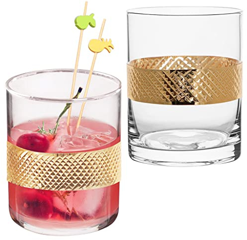 Dibor Set of 4 Tumbler Glasses 400ml Gold Band Cocktail Glasses (BW35) | Glassware Gift, DOF Tumblers, Hand Wash, Embossed Tumblers