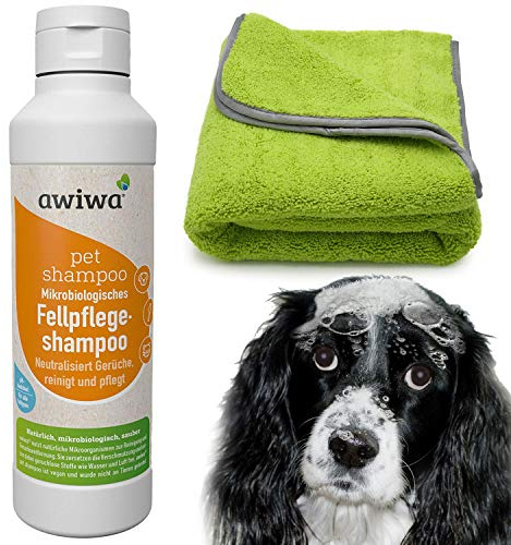 awiwa® Pflege-Set für Hunde & Katzen – Mikrofaser Hundehandtuch (60x90 cm) extra saugfähig + Fellpflege-Shampoo (250 ml) für alle Felltypen