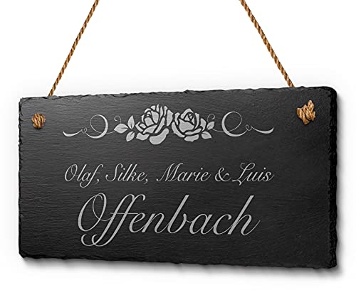 Schöne Schiefer Türschilder für die Haustür mit Gravur - 20x10 cm - Schiefertafel mit Kordel zum Aufhängen - Namensschilder Klingelschilder mit Namen oder Texten Herzlich Willkommen