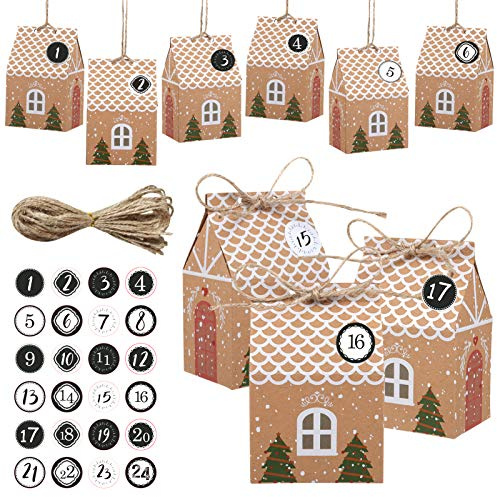 LIHAO 24 PCS Christmas Advent Calendar Box, Advent Gift Boxes Countdown Gift Bags with 1-24 Countdown Stickers House Design - 2025 NEW