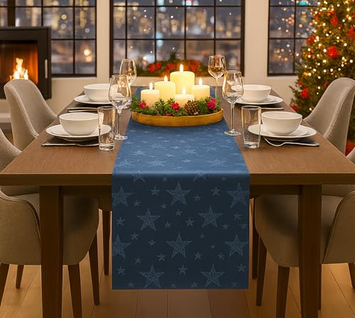 KAMACA Lotus Effekt Läufer Magic Stars mit Sternen Motiv - Fleckschutz Flüssigkeiten perlen einfach ab farb- & formstabil stilvoller Glanz für Advent & Weihnachten (Tischläufer 40x140 cm, Blau)