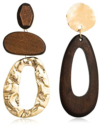Unique Handmade Bohemian Huge Vintage Nature Wooden Dangle Drop Earrings Ethnic Boho Wood Teardrop Gold Geometry Hook Earring for Women Statement Jewelry Gifts (Brown)