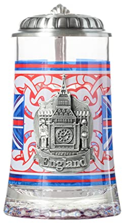 England Union Jack Flag and Big Ben Metal Icon Glass Beer Stein with Metal Lid and Thumb Lift