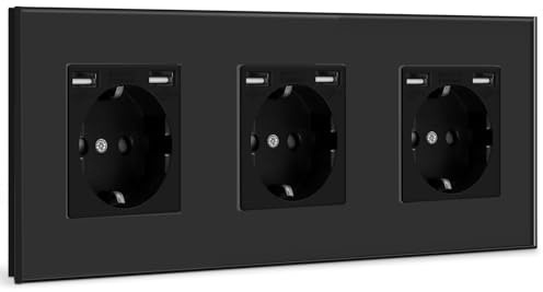 BSEED USB Steckdose Tripel Schwarz Schuko Wandsteckdose mit USB Anschluss (Max. 2.1A) Unterputz Steckdose Ladegerät für Handys, Laptops etc