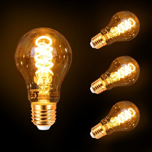 Aigostar LED E27 Edison Screw Bulb, 4W Decorative Amber Filament Light Bulbs, 1800K Warm White, Spiral e27 Vintage Light Bulbs ES A60 GLS Globe Screw in Light Bulb 3 Pack