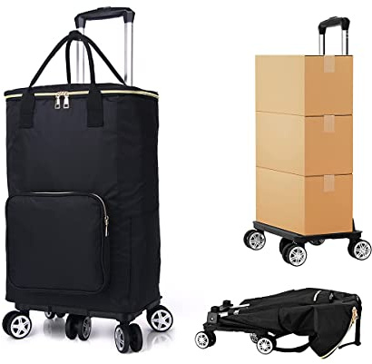 VRNCLR Folding Shopping Trolley, 6 Wheel Large Utility Push Cart with 35L Removable Waterproof Bag, Metal Lightweight Rolling Grocery Trolley for Mobility,black