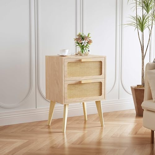 YAUKOMEL Small Rattan Nightstand,Boho Bedside with Storage,End Table,Side Table with 2 Hand Made Rattan Decorated Drawers for Small Space,Livingroom,Bedroom,Natural 11.8 D x 16 W x 22.4 H CTG59Y