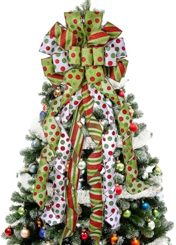 Christmas Tree Topper Wreath Bow Large Green Christmas Bow Tree Topper, Red Green Dot Polyester Gift Bows for Xmas Ornament Holiday Home Thanksgiving Indoor/Outdoor Decoration 45x13