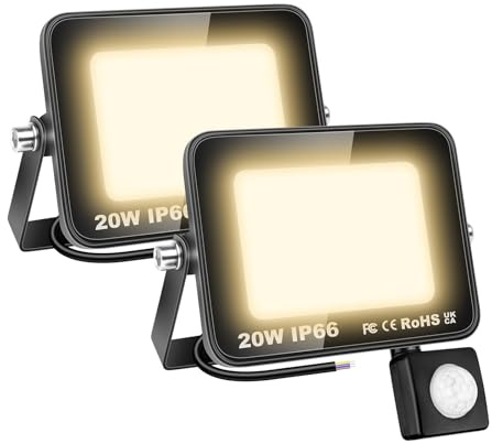 Willpower Faro LED Esterno 20W Faretti LED con Sensore di Movimento 3500K | 2PCS Proiettore LED 2,000lm, Bianco Caldo, Impermeabilità IP66, Luce di Sicurezza per Giardino Garage Cortile Patio Terrazza