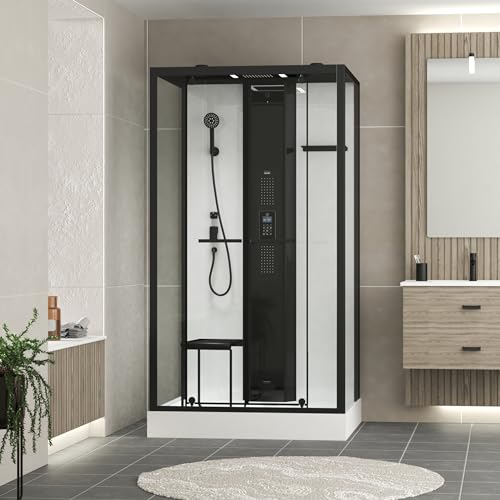 Cabina de ducha rectángulo 115 x 90 x 218 cm – Función HAMMAM, chorros hidromasajes, LED y Bluetooth