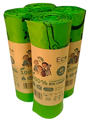 Eco Green Living 60 Litre Bin Liners, Plastic Free, Strong and Leak Proof Refuse Sacks, Large Bin Bags for Food Waste and Kitchen Bin, Tie Handle Garbage Bags, 60 Bags
