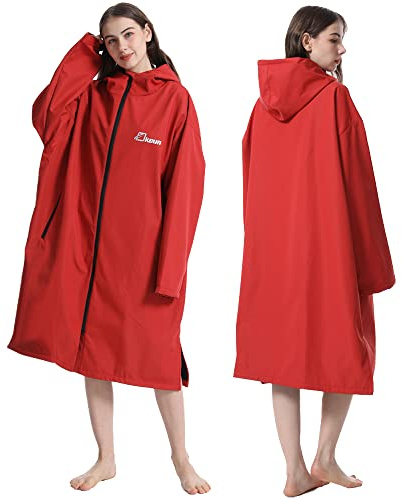 Oksun Parka da nuoto impermeabile oversize: caldo e antivento, giacca impermeabile, poncho da surf foderato in pile sottile (S-M, rosso)