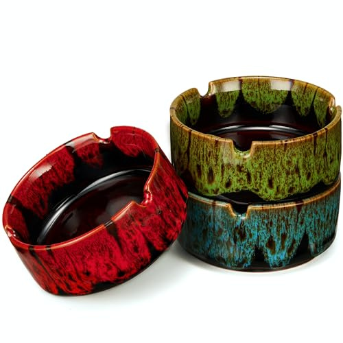 Ashtrays for Cigarettes, Portable Decorative Modern Ashtray for Home Office Indoor Outdoor Patio Use, Colored Ceramic Ashtrays Glossy, Fancy Cute Cool Ash Tray, Best Gift Idea. (3 Pack)