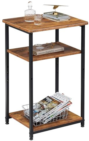 WLIVE WLVE Side Table, 3-Tier Small Table with Sturdy Steel Frame, Adjustable Feet, Top Shelf Holds up to 19kg, Bedside Table 56 x 37 x 31 cm, End Table for Living Room, Bedroom, Office, Rustic Brown