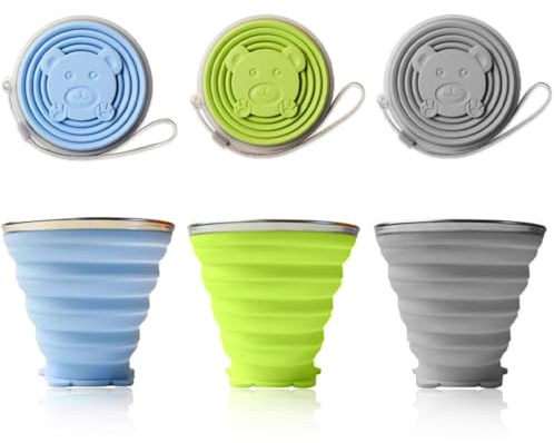 WZHHDM 3 Stück Faltbarer Becher, 180ml Faltbarer Kaffeebecher, Silikon Becher Reisebecher Reise Zahnputzbecher für Picknick Camping Reisen(Blau/Grün/Grau)