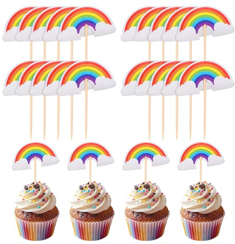 24 Pcs Rainbow Cake Topper, Birthday Cake Decorations, Rainbow Cake Decorations, Insert Toppers Cupcake Supplies for Girl Boys Baby Shower Birthday Party Baking