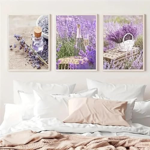 ZHAOLIN Vintage Lavendel Leinwand Malerei Wandkunst Bild für Wohnzimmer Dekoration Poster Leinwanddruck Blumen Kunstwerke Wohnkultur 70X100cm (28x39in) X3 Rahmenlos