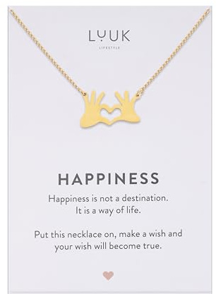 LUUK LIFESTYLE Collar con colgante manos en forma de corazón y de acero inoxidable tarjeta frase HAPPINESS (50 cm), cadena resistente al agua, joyería minimalista, regalo para mujer, dorado