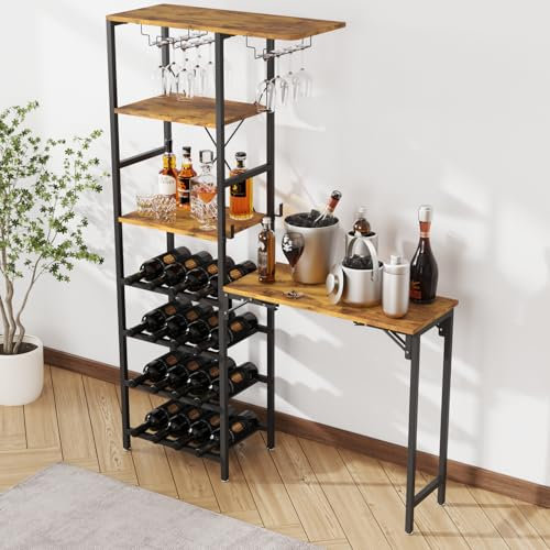 Rebongki 16 Bottles Wine Rack with Foldable Table, 6-Tier Drinks Cabinet with Open Display Shelves & 3 Row Glass Holders, 112x30x152cm Freestanding Wine Racks for Home Bar, Kitchen, Pantry Cellar