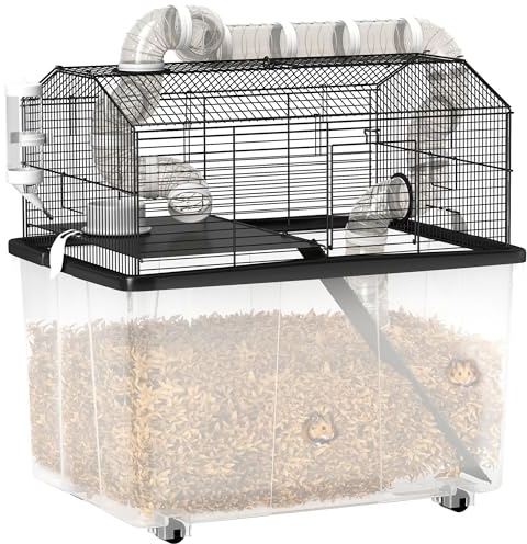 PawHut Gabbia per Criceti a 2 Livelli con Base Profonda 31 cm, Casetta per Gerbilli con Ruote, Tubi, Ciotola, Bottiglia e Rampa, 58x43x57 cm, Nero