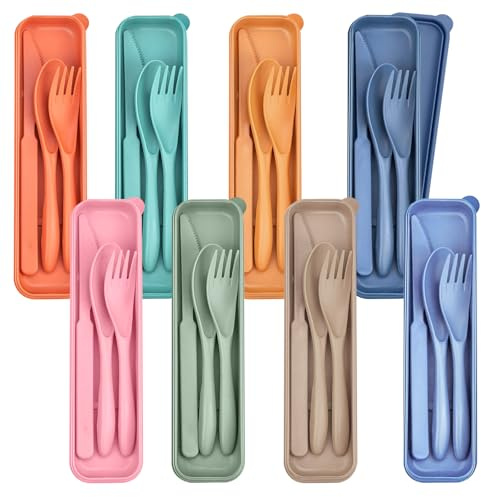 Lot de 8 couverts de camping à emporter, couverts de voyage, couverts réutilisables, baguettes à sushi portables, vaisselle de voyage, couteau, cuillère, fourchette pour boîte à déjeuner, pique-nique