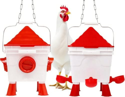TINMAGI Futterautomat Hühner 8KG und 7L Hühnertränke Set, Automatischer Tränkeeimer und Hühnerfutter Automat für Geflügel mit 4 Öffnungen 4 Näpfen, Futterspender mit Beinen und Stahlketten