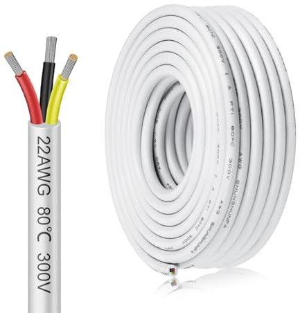 inShareplus 22AWG 3x0.3mm² 5 Meter Electrical Wire 3 Core Cable, 5V/12V/24V White Tinned Copper Wires, 22 Gauge 300V Flexible and Soft Outdoor Cable High Temperature Resistant Extension Wire