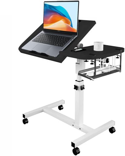 BOODPET Table de lit réglable pour ordinateur portable avec bureau inclinable, roulettes et panier de rangement amovible - Table de chevet pour bureau à domicile, étude, lecture et récupération - 65
