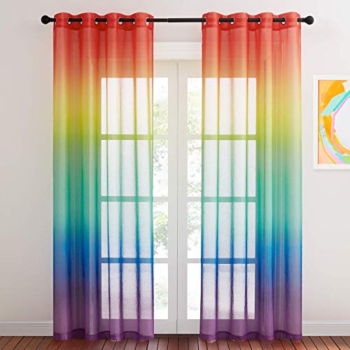 NICETOWN Vorhang Kinderzimmer Mädchen Regenbogen Gardinen Transparent | 2er Set H213 x B140 cm, Farbverlauf, Durchsichtig, Lichtdurchlässig, Voile Gardinen, Ösen, für Schlafzimmer Wohnzimmer