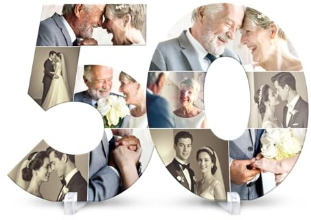 Personalisierte Acrylglas Fotocollage - 50. Geburtstag oder Goldhochzeit - mit 10 eigenen Bildern, 3mm Acrylglas, Ständer und Klebepunkte optional, Größe wählbar, Geschenk zum Geburtstag