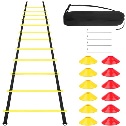 Accesorios Entrenamiento Fútbol, con 6M Escalera Agilidad, 12 Conos, 4 Postes, 1 Bolsa, Escaleras Coordinación, Equipo Deportivos para Atletismo, Speed Agility Training Kit para Jóvenes Adultos