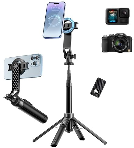 Magnetisches Handy Stativ, Selfie-Stick-Stativ für iPhone Android, MagSafe & Kamera mit Abnehmbarer Fernbedienung & 2-in-1-Magnethalterung, für Reise-Vlogs, Outdoor-Reisen, Wandern und Videoaufnahmen