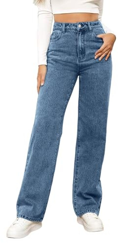 Generisch Damen Straight Leg Jeans Baggy Weites Bein Jeanshosen Leichte Sommerjeans Elegant High Waist Stretch Lässige Schlaghosen Einfarbig Jeans für Frauen Teenager Mädchen