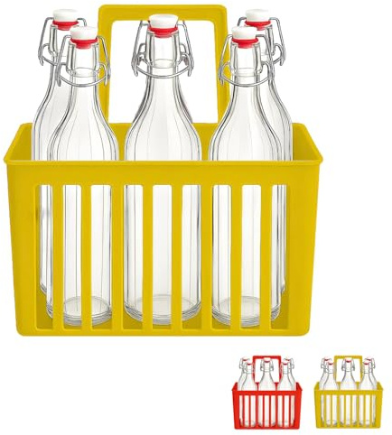 PALUPLUS Set 6 Bottiglie in Vetro da 1 Litro con Cestello Portabottiglie, Bottiglia Vintage Costolata, Porta bottiglie in Plastica a 6 Scomparti con manico per trasporto -8636/8689-6 (Giallo)